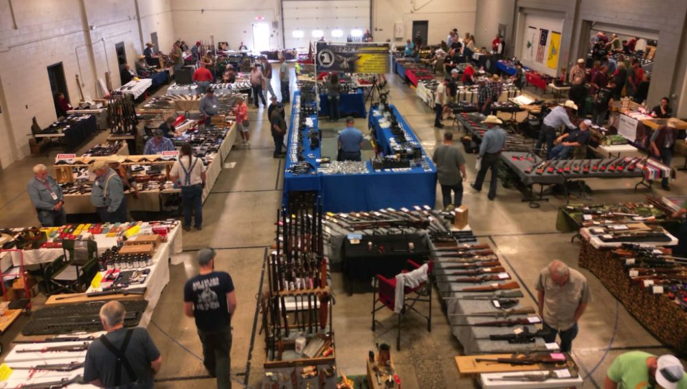 The gun show floor inside the Fremont County Fairgrounds exhibition hall in Riverton, Wyoming.
